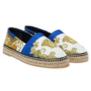 Versace Medusa Head Renaissance Print Blue White Gold Slide Espadrille Flat 37.5